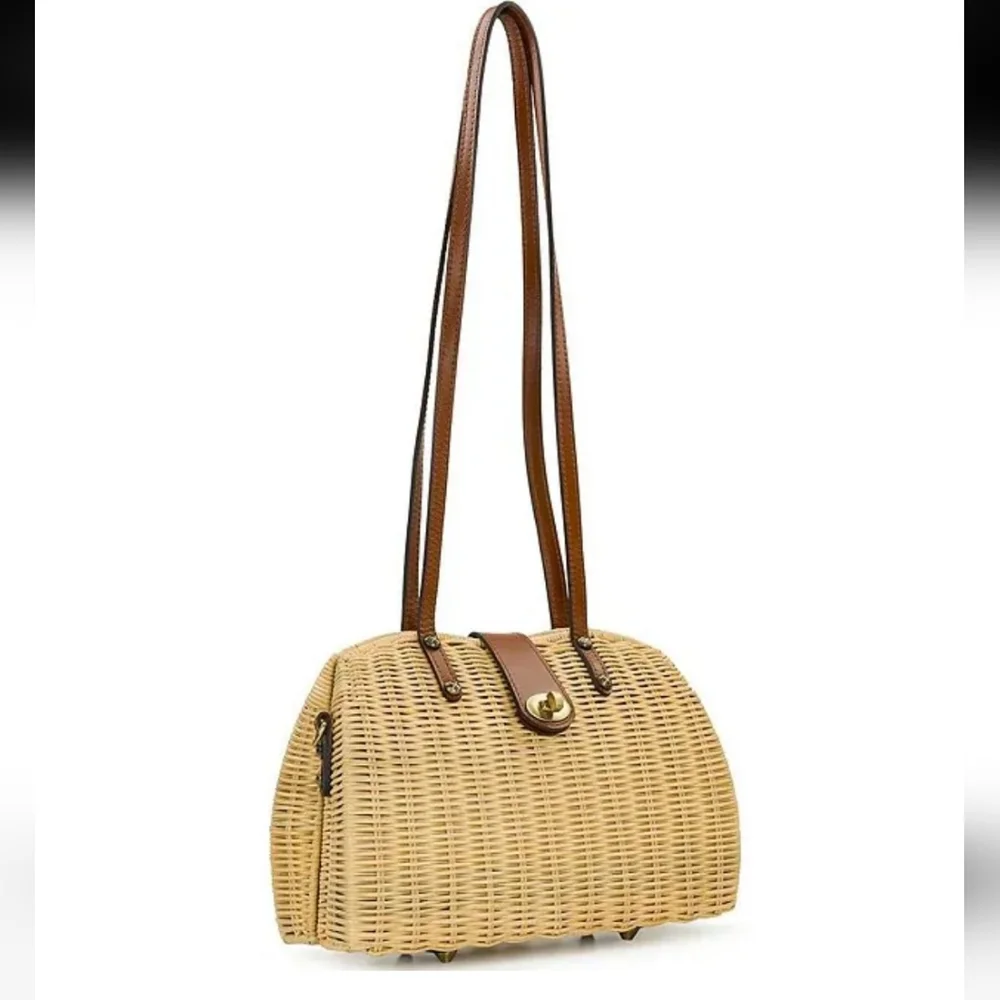 Patricia Nash Beige Wicker Woven Shoulder Bag with Floral Scarf